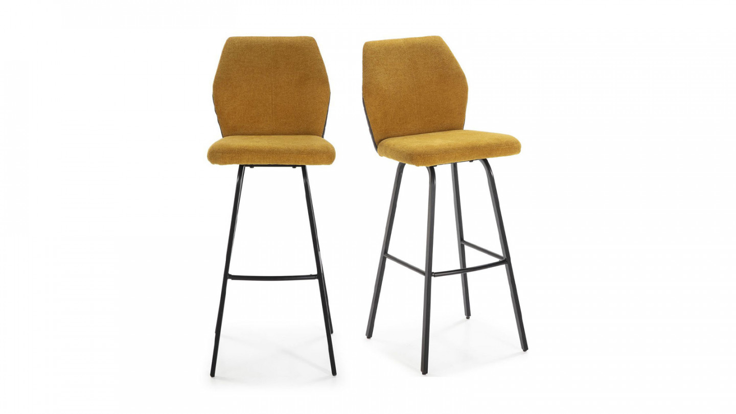 Lot de 2 tabourets de bar en tissu jaune moutarde et simili cuir 75 cm - Garance