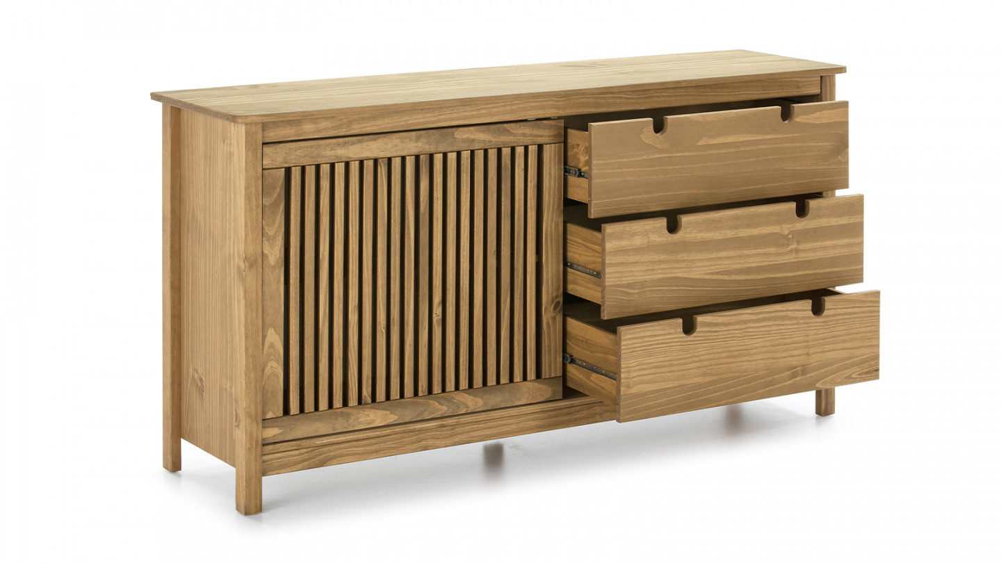 Buffet 1 porte coulissante 3 tirois en pin massif couleur bois naturel 150 cm - Fabia