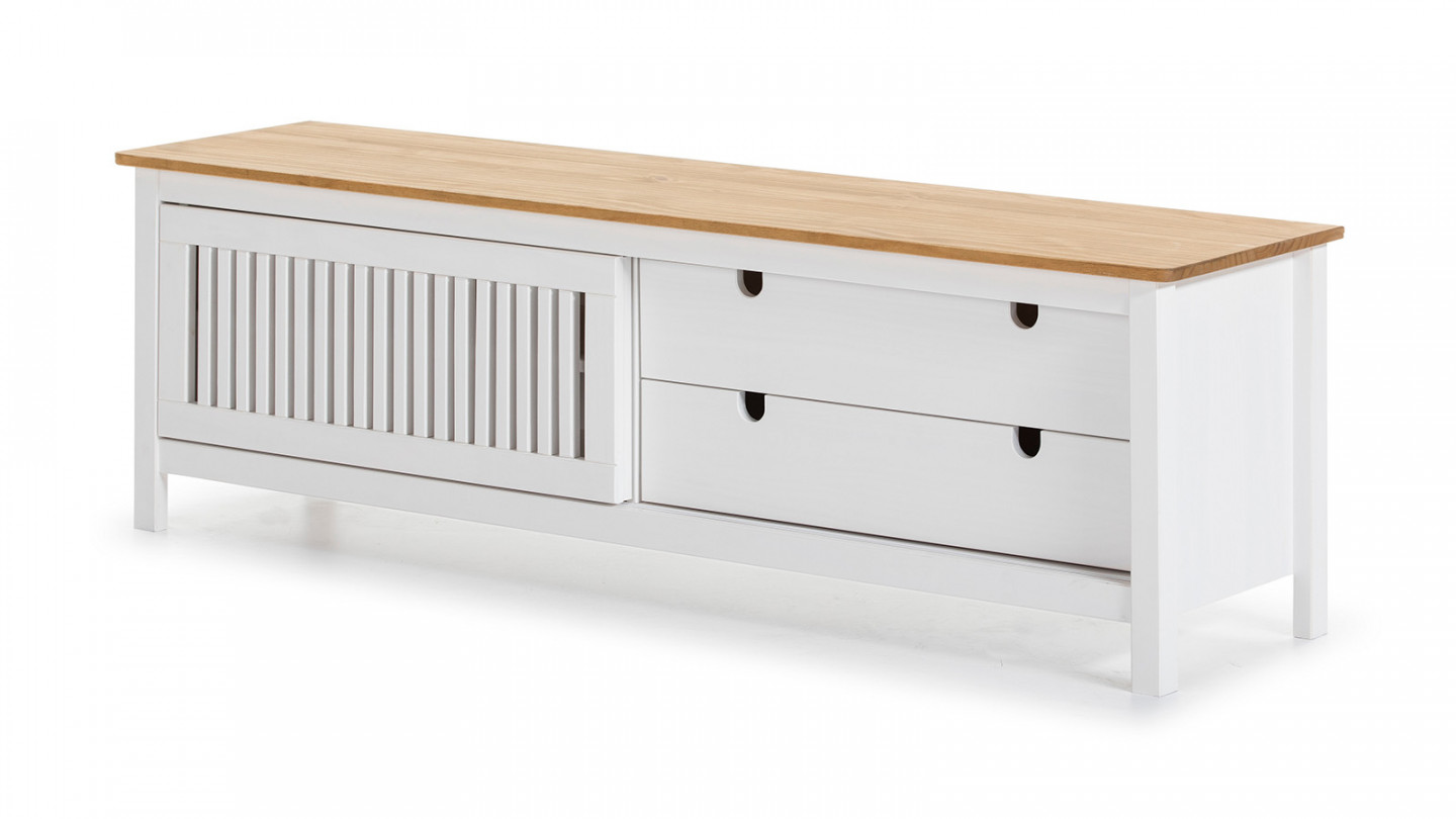 Meuble TV 1 porte coulissante 2 tiroirs en pin massif blanc / effet chêne 158 cm - Fabia