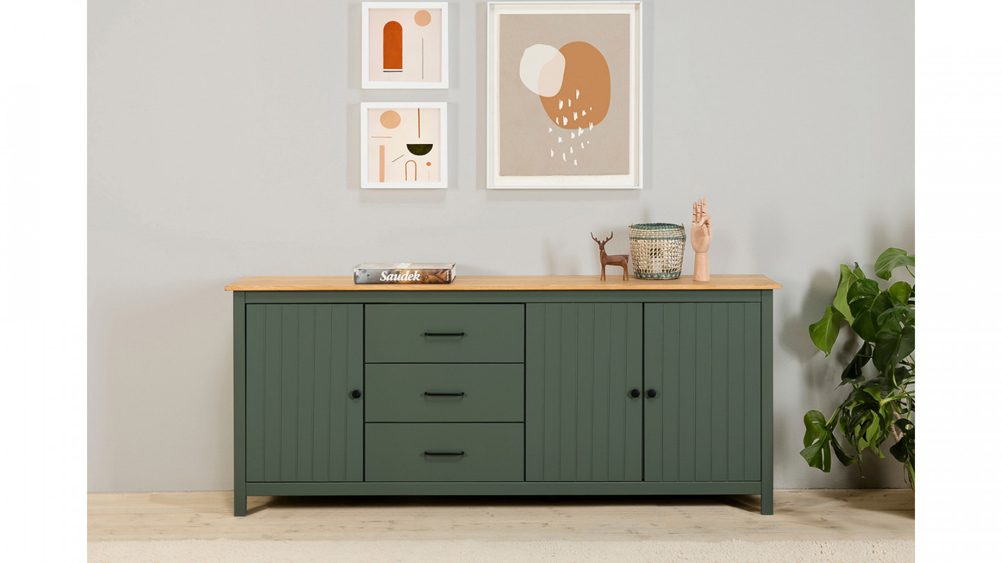 Buffet 3 portes 3 tiroirs en pin massif vert 190 cm - Ida