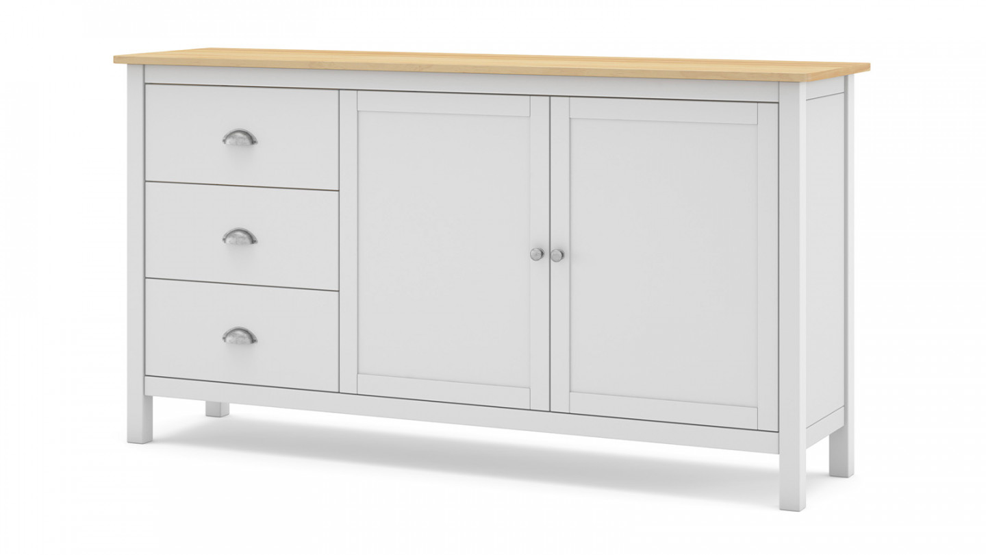 Buffet 2 portes 3 tiroirs en pin massif blanc / effet chêne 150 cm - Macha