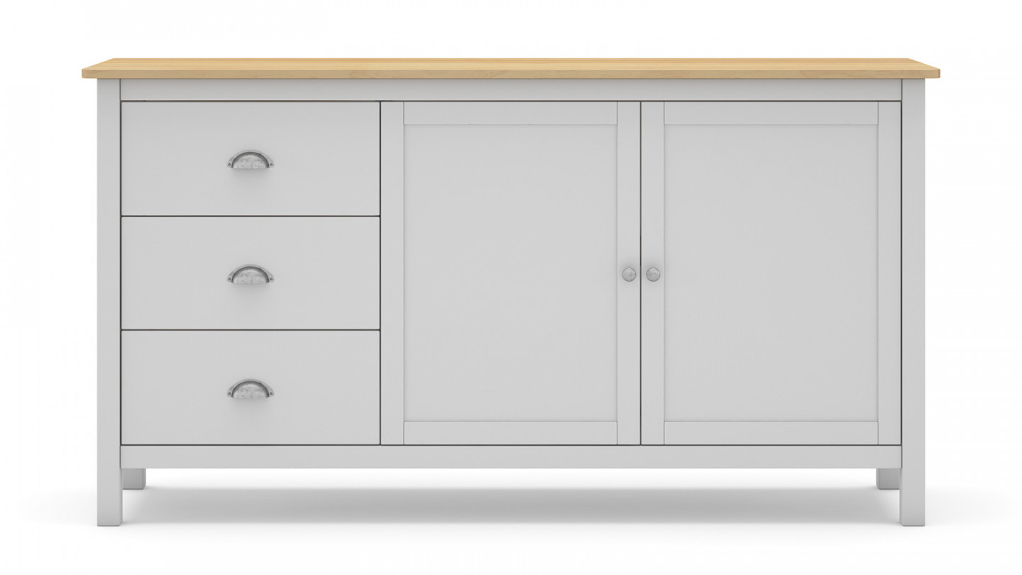 Buffet 2 portes 3 tiroirs en pin massif blanc / effet chêne 150 cm - Macha