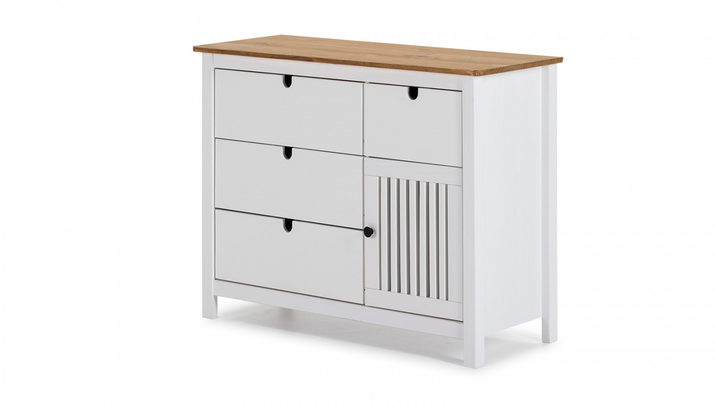 Commode 1 porte 4 tiroirs en pin massif blanc 100 cm - Fabia