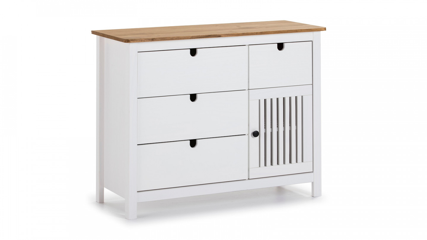 Commode 1 porte 4 tiroirs en pin massif blanc 100 cm - Fabia