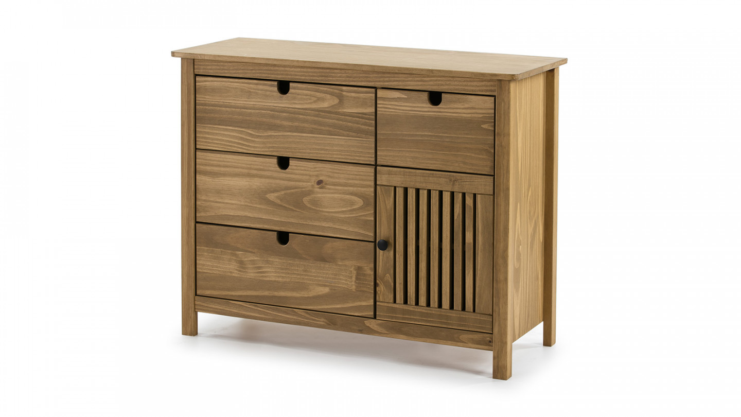 Commode 1 porte 4 tiroirs en pin massif couleur bois naturel 100 cm - Fabia