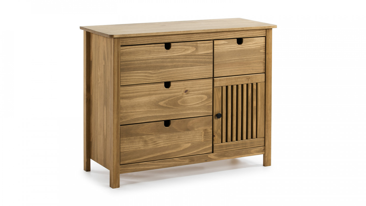 Commode 1 porte 4 tiroirs en pin massif couleur bois naturel 100 cm - Fabia