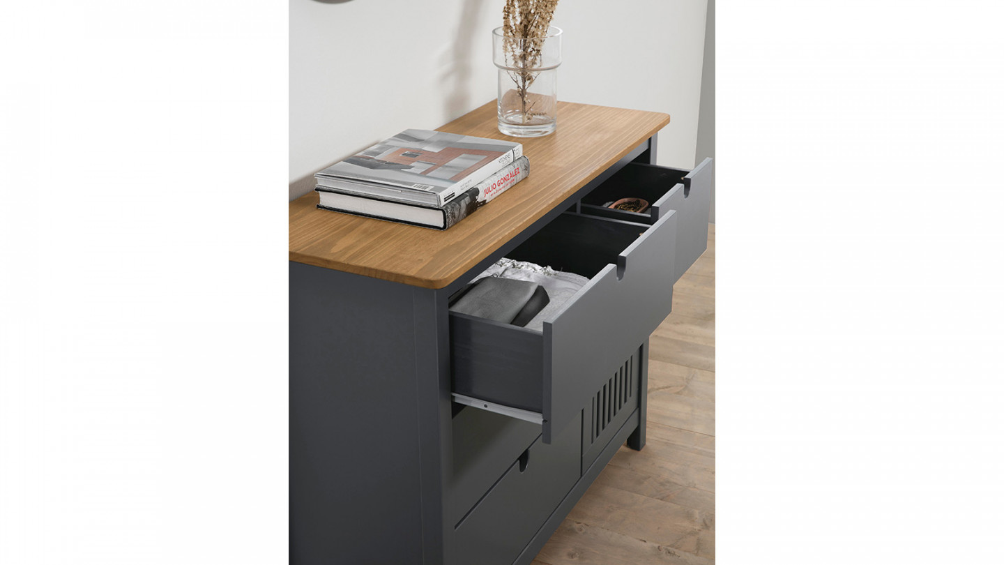 Commode 1 porte 4 tiroirs en pin massif gris anthracite 100 cm - Fabia