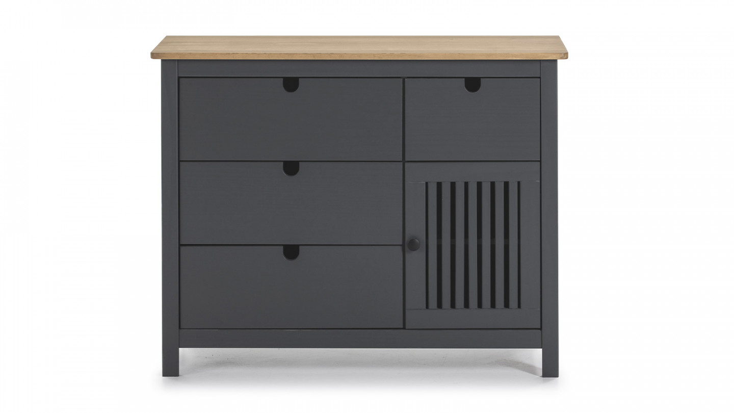 Commode 1 porte 4 tiroirs en pin massif gris anthracite 100 cm - Fabia