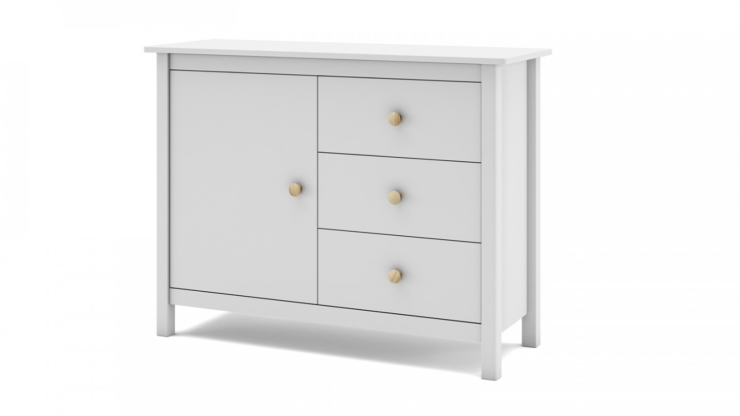 Commode 1 porte 3 tiroirs en pin massif blanc 90 cm - Melvin