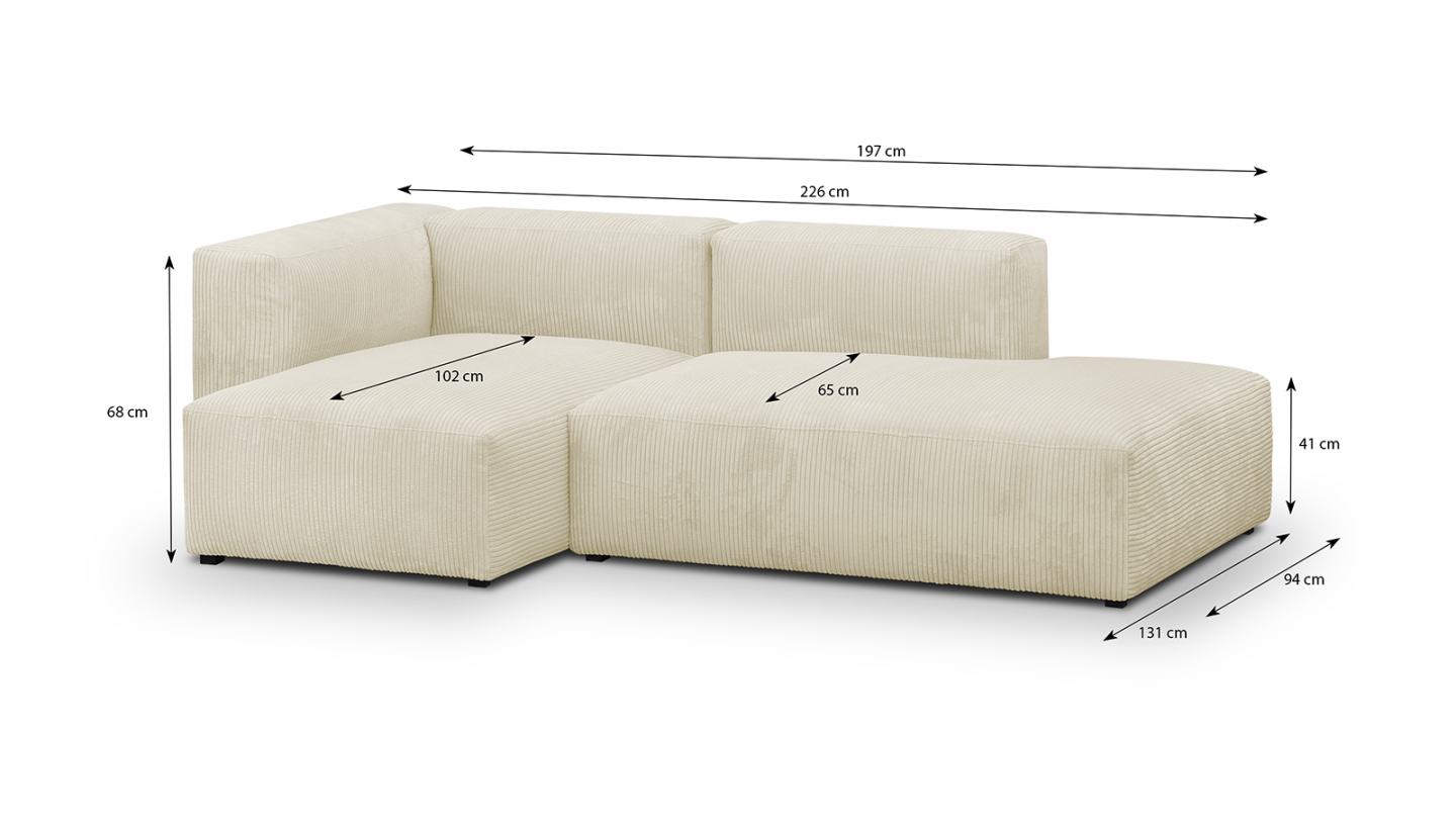 Canapé d'angle à gauche modulable avec méridienne 3/4 places en velours côtelé beige - Modulo