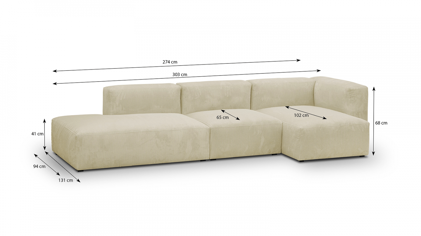 Canapé d'angle à droite modulable avec méridienne 5 places en velours côtelé beige - Modulo