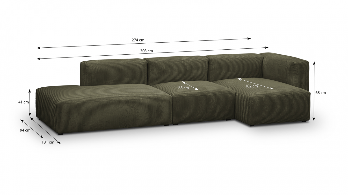 Canapé d'angle à droite modulable avec méridienne 5 places en velours côtelé vert kaki - Modulo