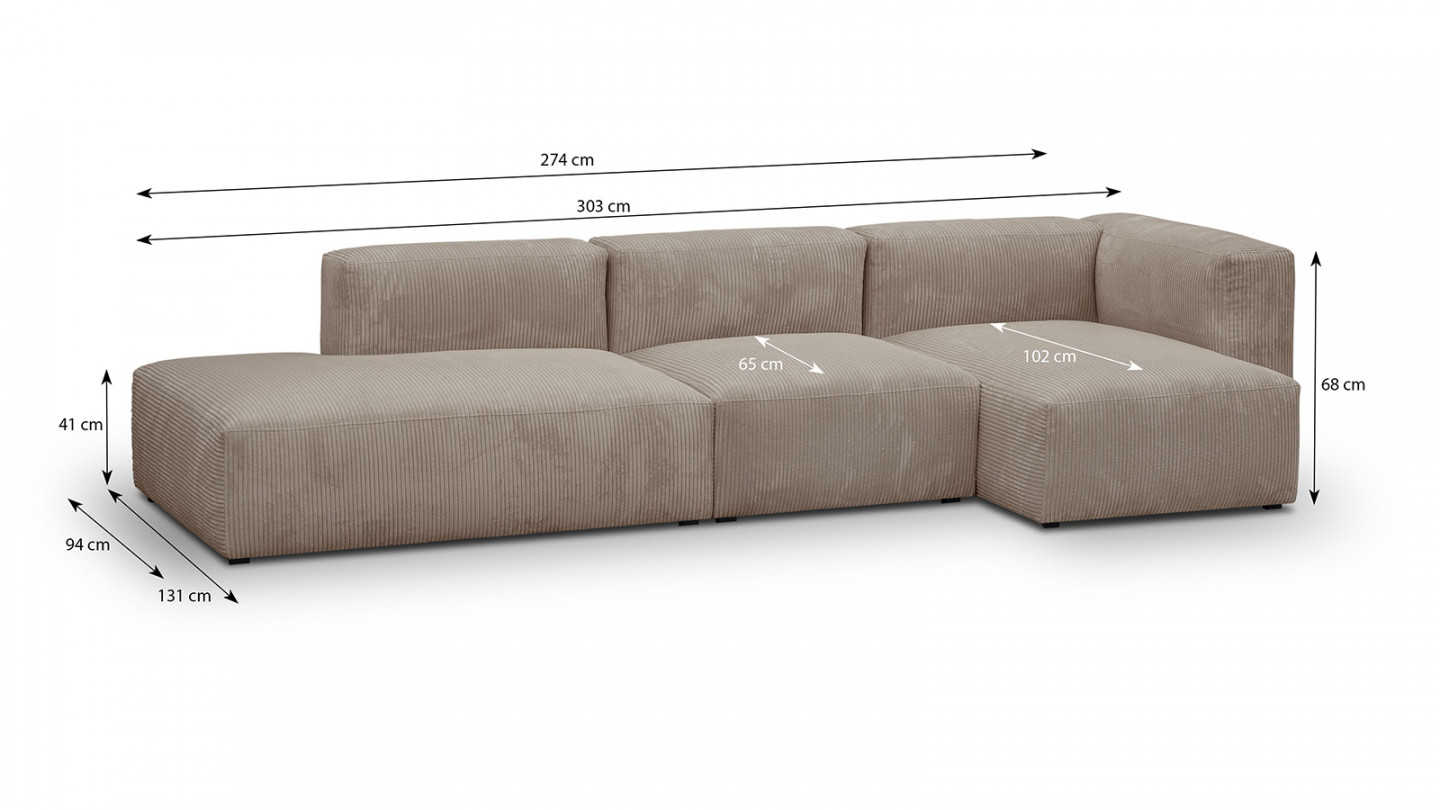 Canapé d'angle à droite modulable avec méridienne 5 places en velours côtelé taupe - Modulo New