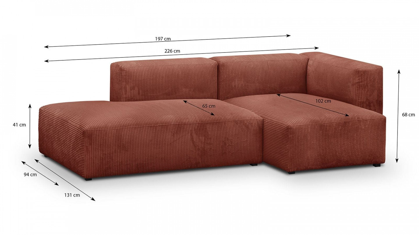 Canapé d'angle à droite modulable avec méridienne 3/4 places en velours côtelé rouille - Modulo New