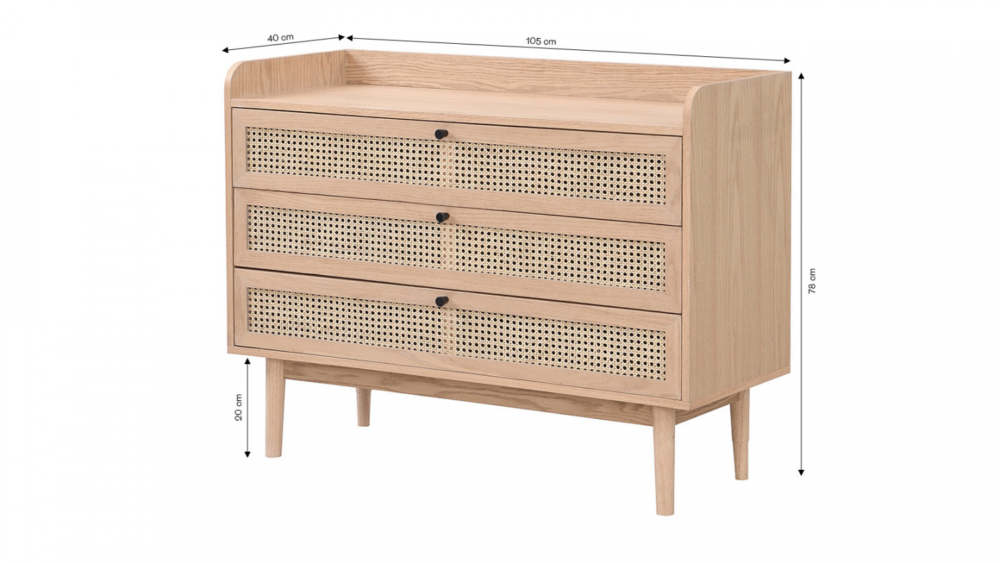 Commode 3 tiroirs en cannage naturel et placage chêne 105 cm - Eden