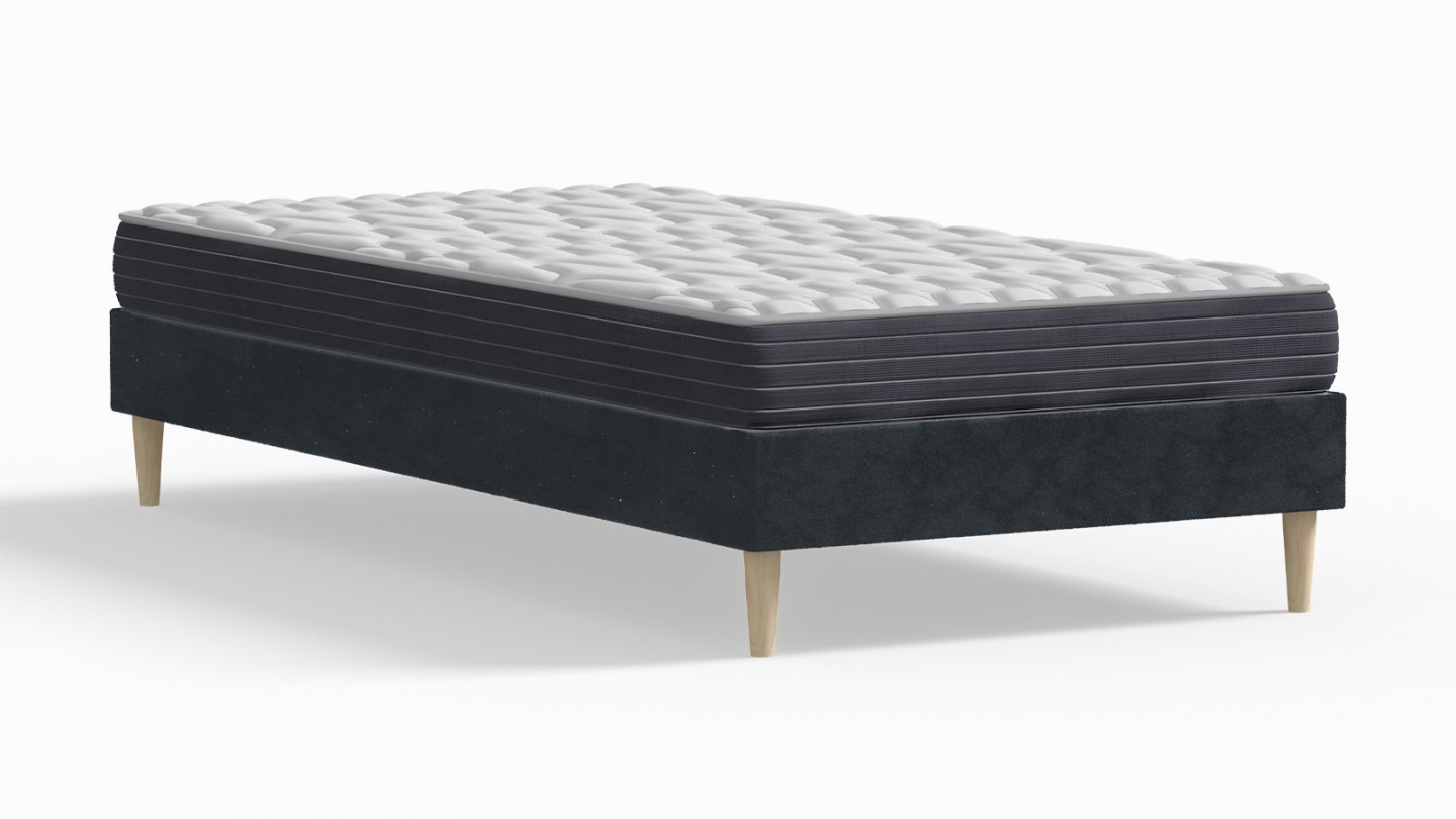 Ensemble lit adulte 90x190 cm en velours bleu nuit Dina + Matelas mémoire de forme Memo HR