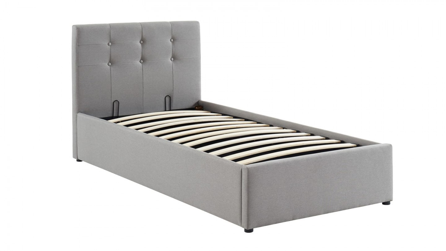 Ensemble matelas mémoire + lit enfant coffre et sommier 90x190cm en tissu gris clair Memo HR avec tête de lit- Collection Tina