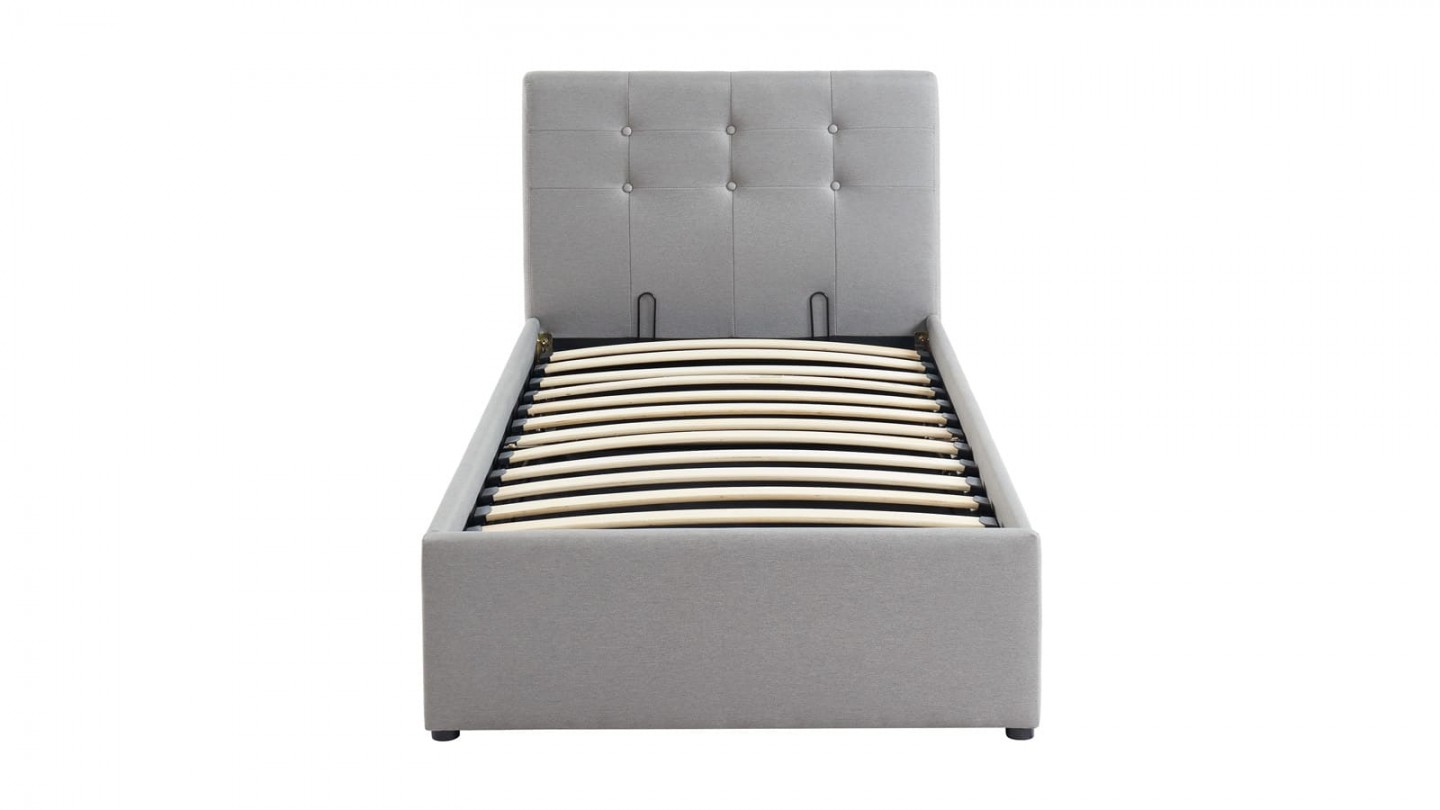 Ensemble matelas mémoire + lit enfant coffre et sommier 90x190cm en tissu gris clair Memo HR avec tête de lit- Collection Tina