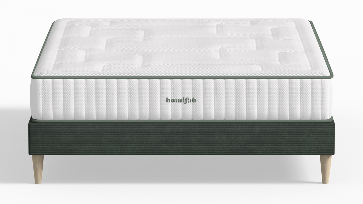 Ensemble lit adulte 180x200 cm en velours côtelé vert Dina + Matelas Latex naturel et ressorts ensachés