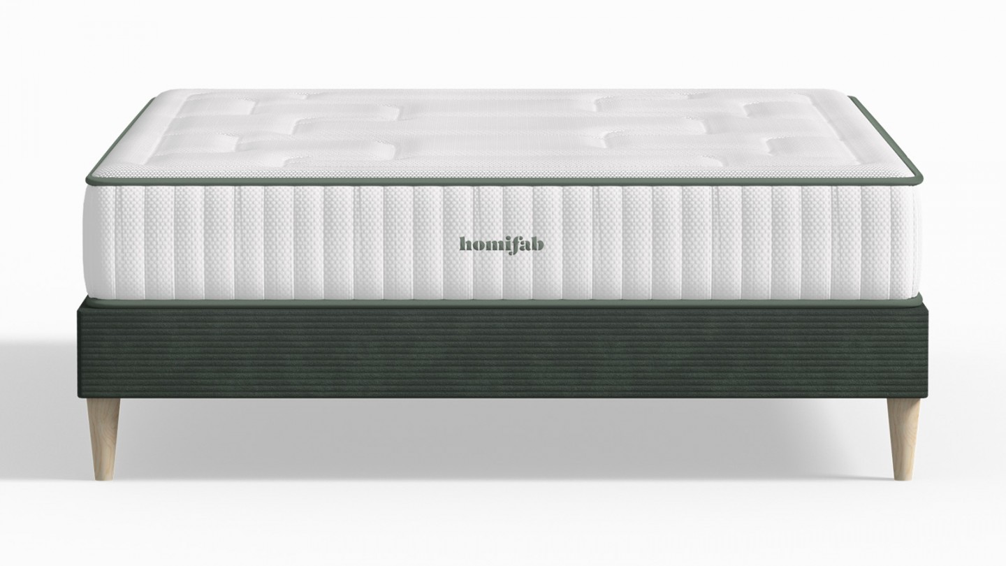 Ensemble lit adulte 180x200 cm en velours côtelé vert Dina + Matelas Latex naturel et ressorts ensachés