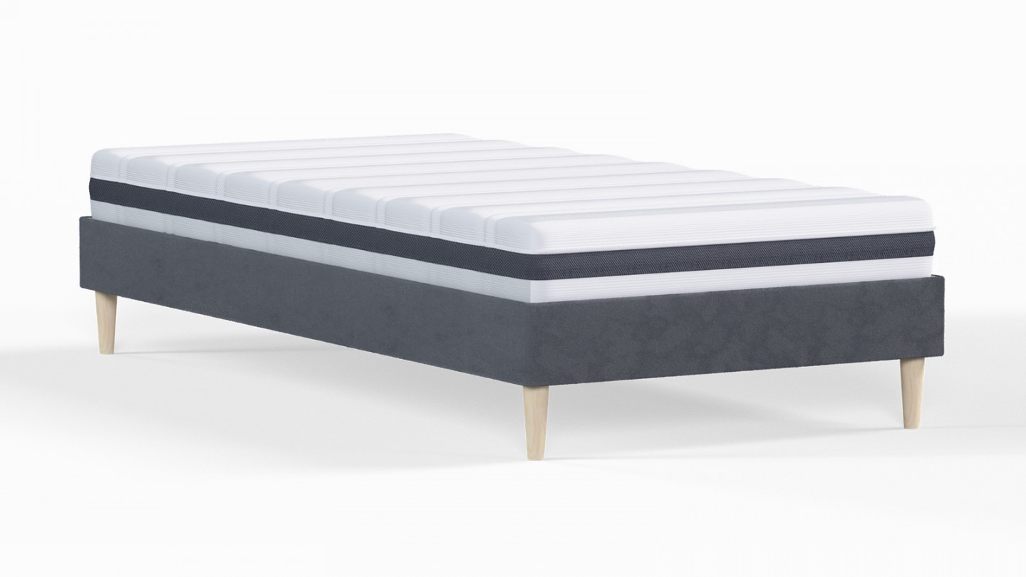 Ensemble lit adulte 90x190 cm en velours gris anthracite Dina + Matelas ressorts ensachés Mousse HR