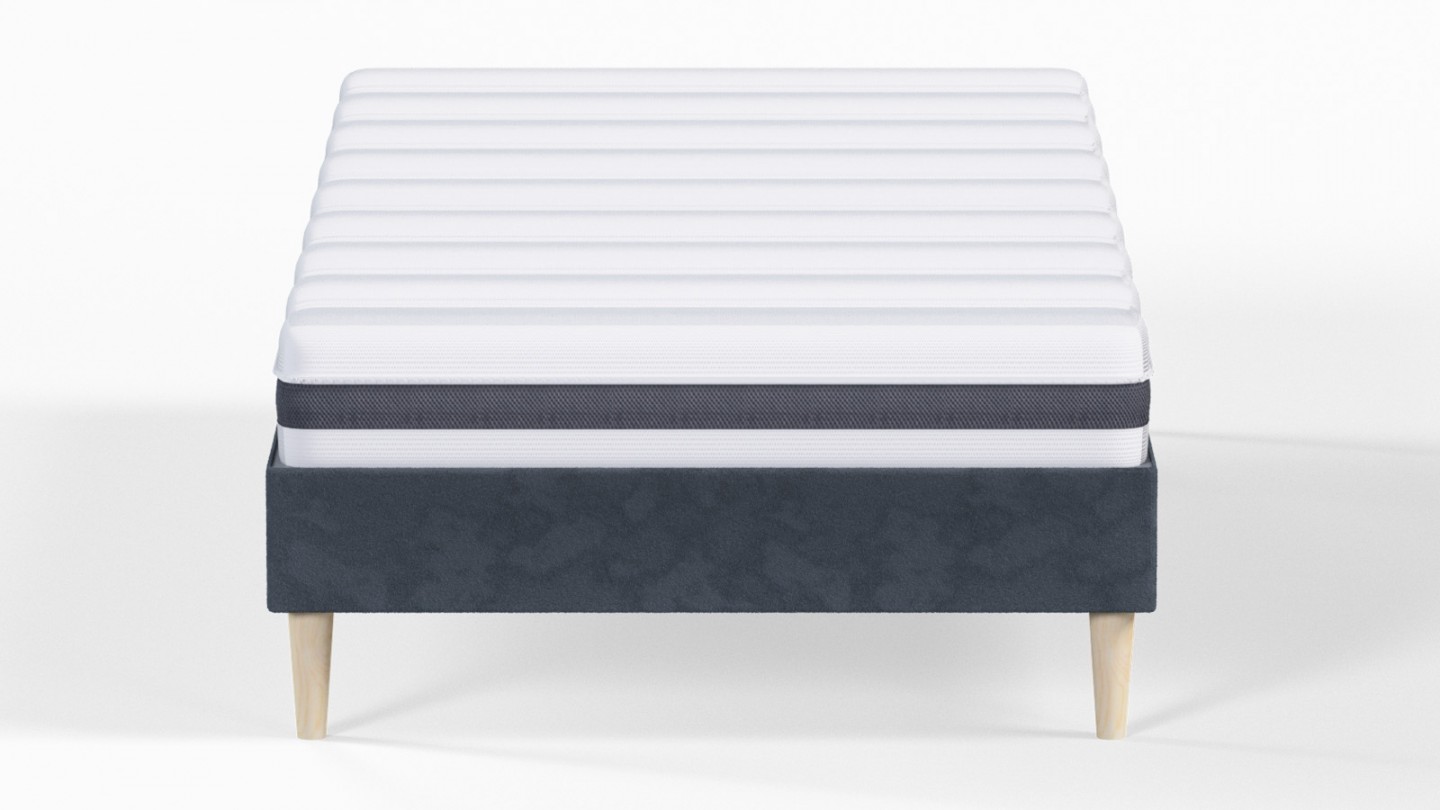 Ensemble lit adulte 90x190 cm en velours bleu nuit Dina + Matelas ressorts ensachés Mousse HR