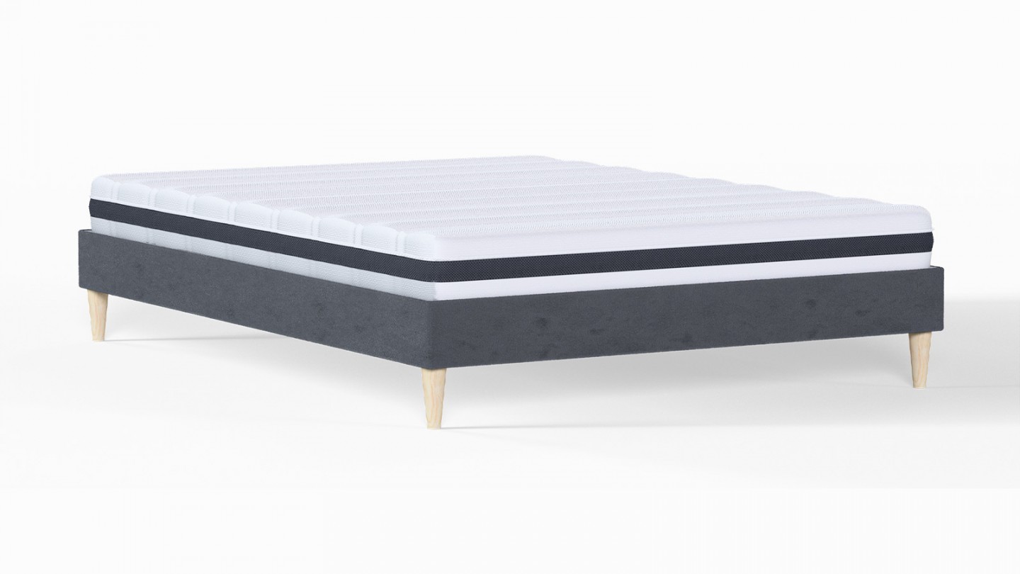 Ensemble lit adulte 140x190 cm en velours gris anthracite Dina + Matelas ressorts ensachés Mousse HR