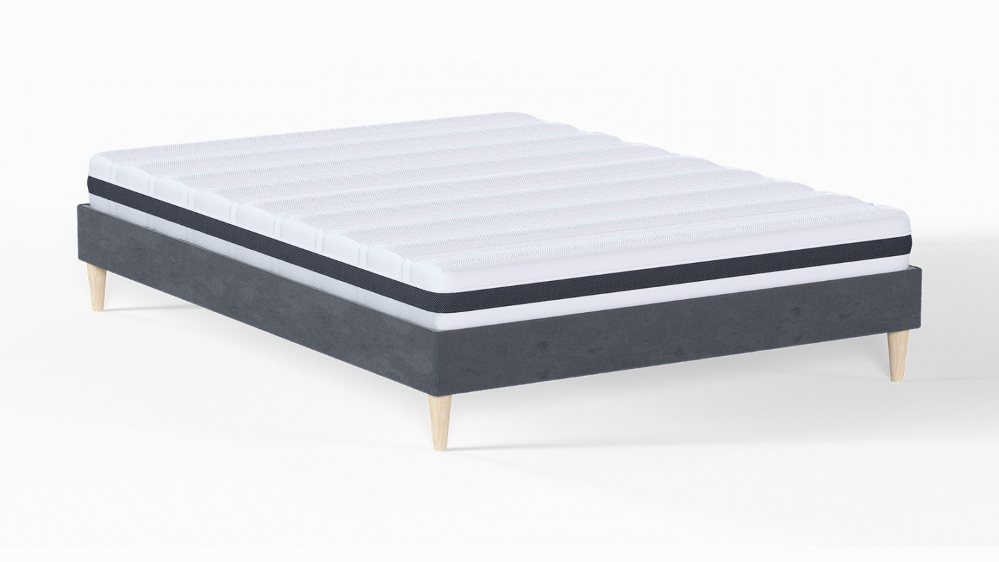 Ensemble lit adulte 140x190 cm en velours gris anthracite Dina + Matelas ressorts ensachés Mousse HR