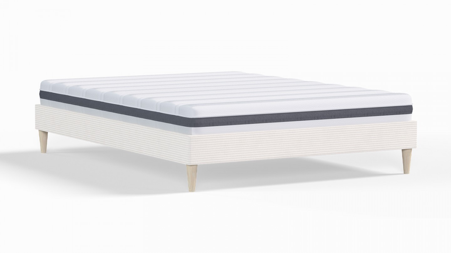 Ensemble lit adulte 140x190 cm en velours côtelé beige Dina + Matelas ressorts ensachés Mousse HR