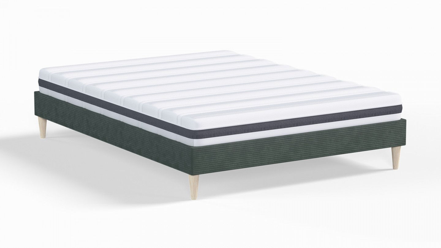 Ensemble lit adulte 140x190 cm en velours côtelé vert Dina + Matelas ressorts ensachés Mousse HR