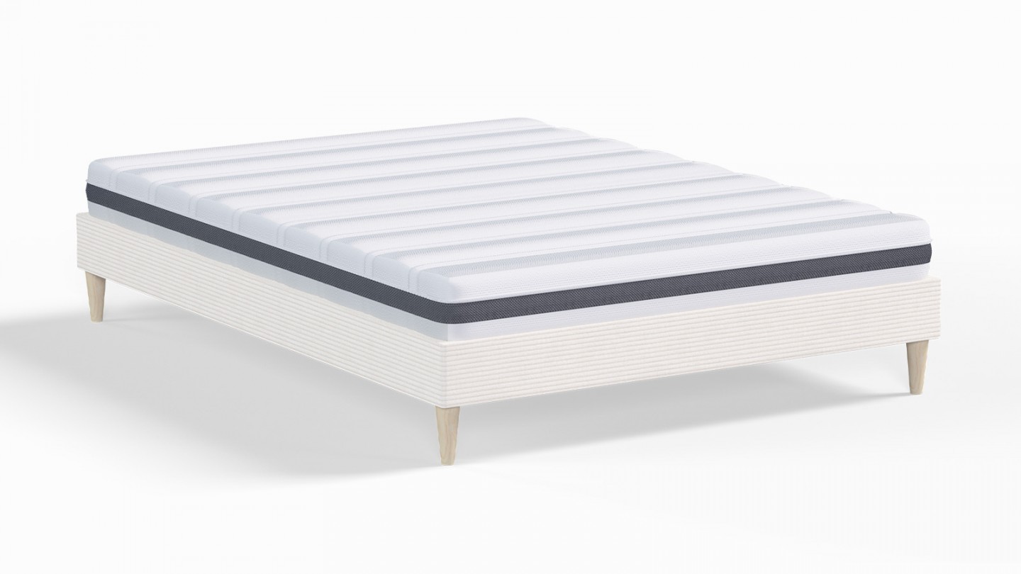 Ensemble lit adulte 160x200 cm en velours côtelé beige Dina + Matelas ressorts ensachés Mousse HR