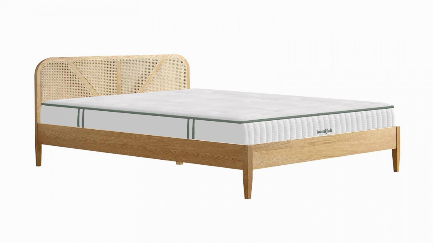 Ensemble lit adulte 140x190 cm placage bois avec tête de lit en cannage Leonie + Matelas Latex naturel Latex Luxury