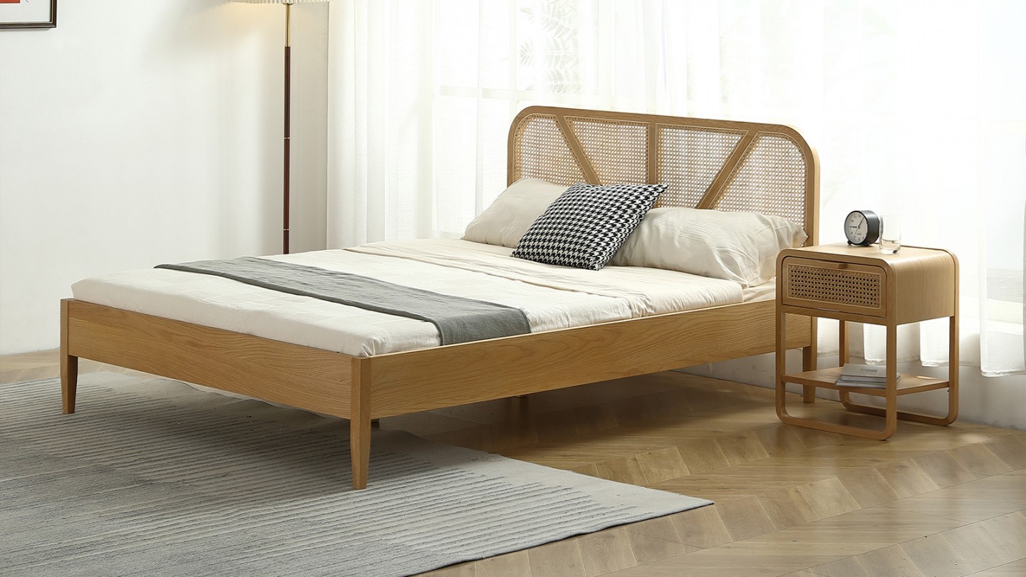 Ensemble lit adulte 180x200 cm placage bois avec tête de lit en cannage Leonie + Matelas Latex naturel Latex Luxury