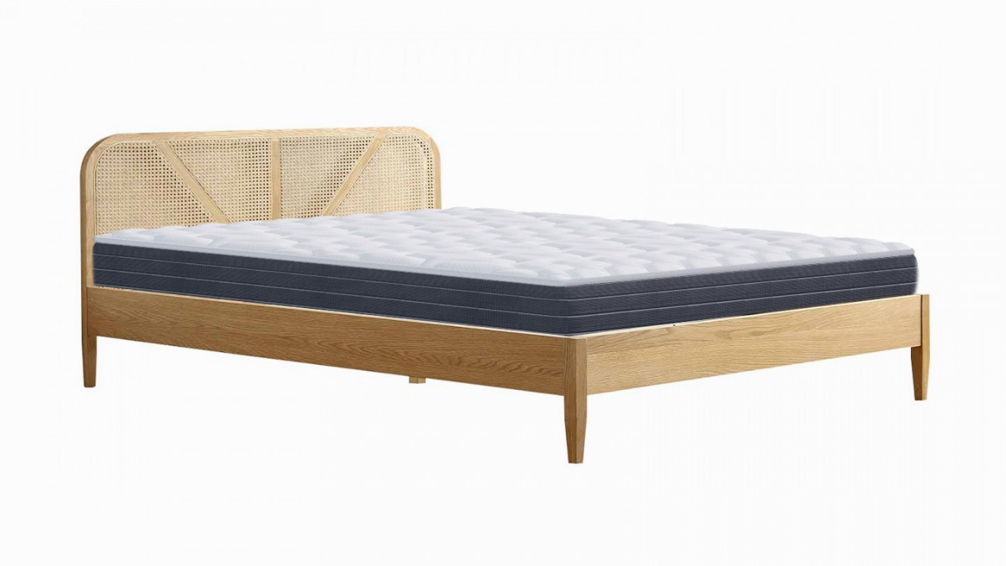 Ensemble lit adulte 140x190 cm placage bois avec tête de lit en cannage Leonie + Matelas mémoire de forme Memo HR