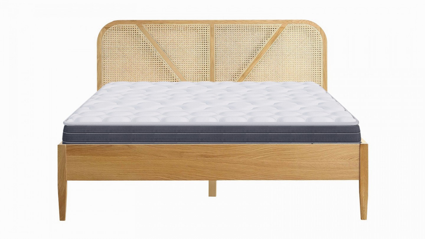 Ensemble lit adulte 140x190 cm placage bois avec tête de lit en cannage Leonie + Matelas mémoire de forme Memo HR