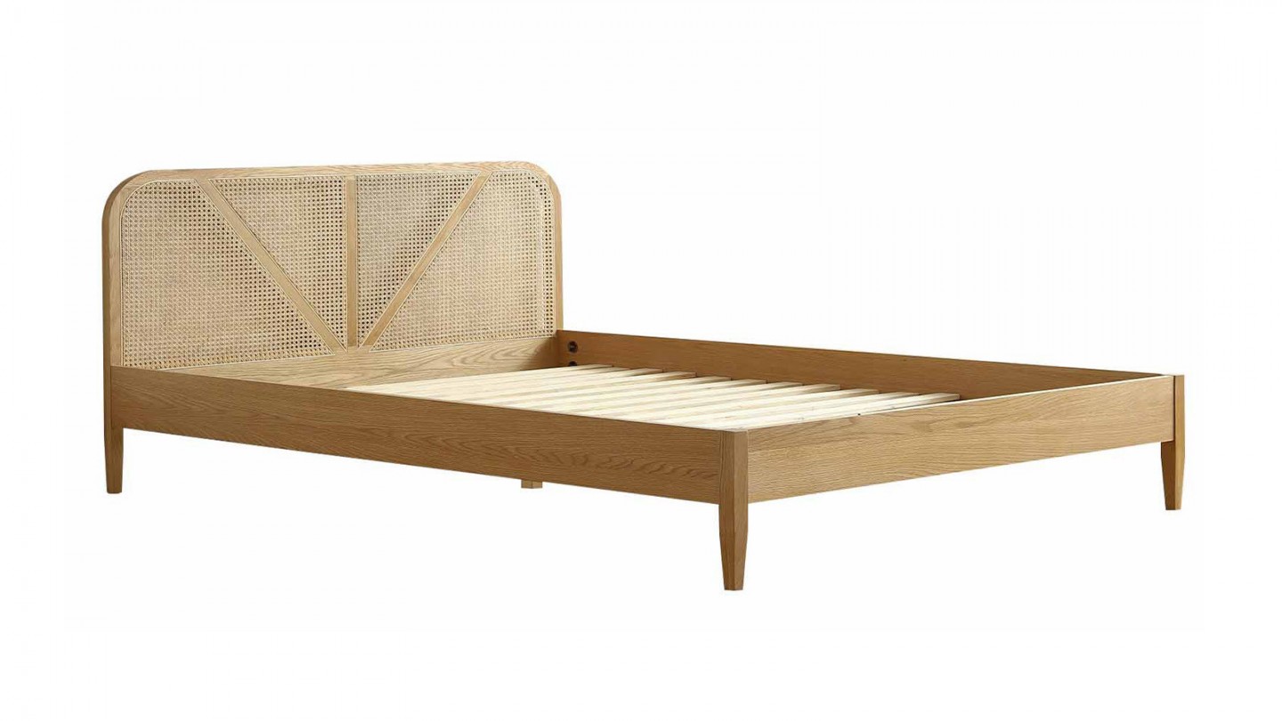 Ensemble lit adulte 140x190 cm placage bois avec tête de lit en cannage Leonie + Matelas mémoire de forme Memo HR