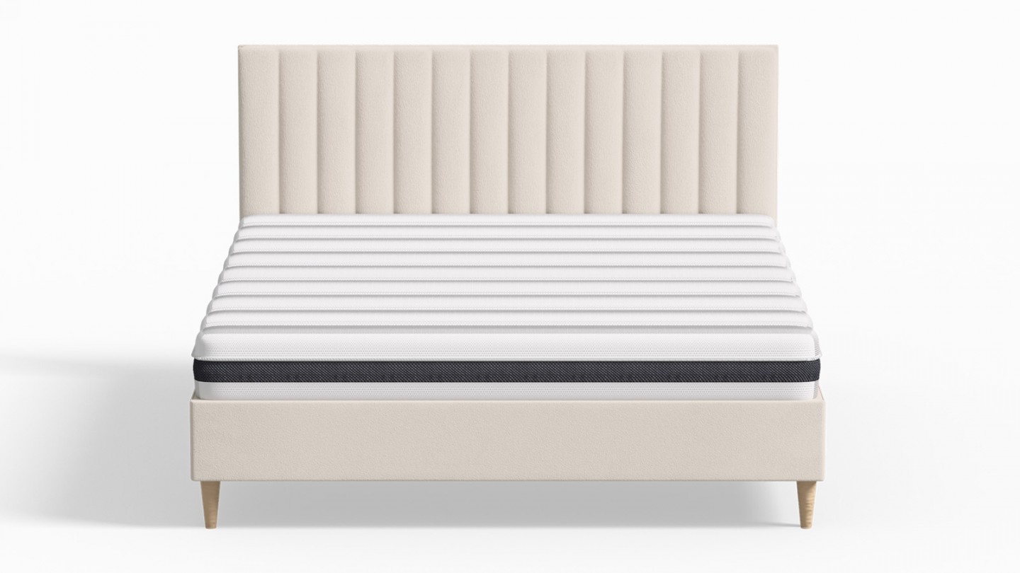 Ensemble lit adulte 140x190 cm en velours beige avec tête de lit matelassée Eliot + Matelas ressorts ensachés Mousse HR