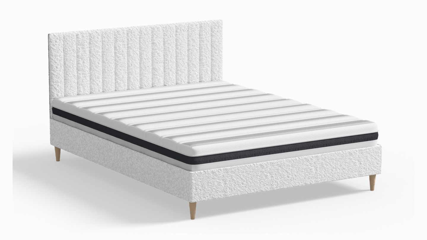 Ensemble lit adulte 140x190 cm en tissu bouclé écru avec tête de lit matelassée Eliot + Matelas ressorts ensachés Mousse HR