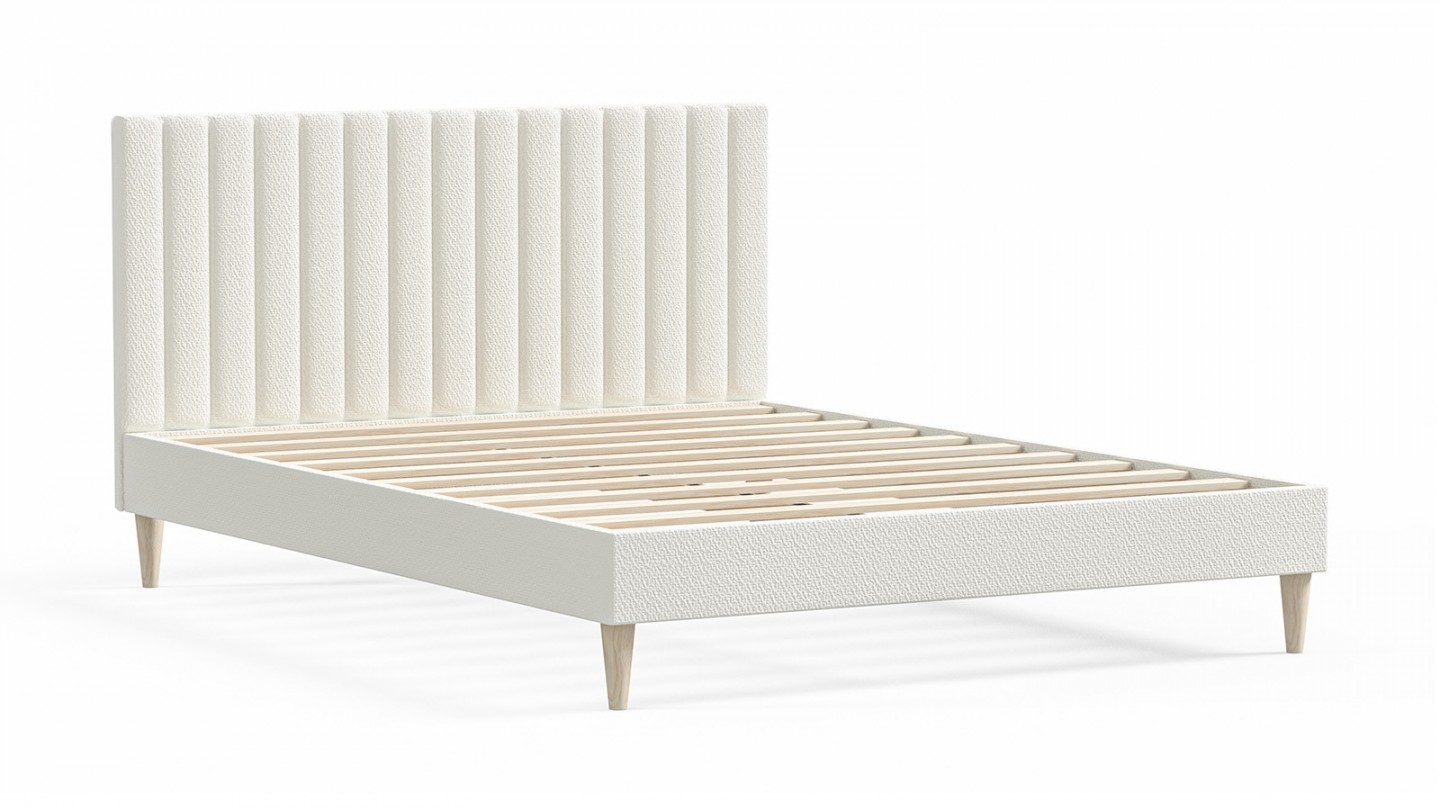 Ensemble lit adulte 140x190 cm en tissu bouclé écru avec tête de lit matelassée Eliot + Matelas ressorts ensachés Mousse HR