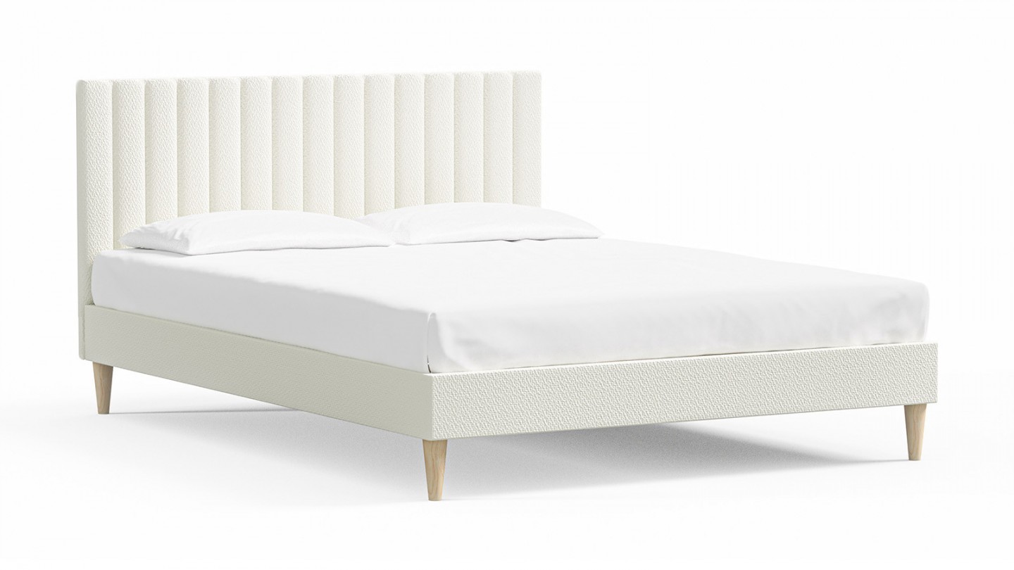 Ensemble lit adulte 140x190 cm en tissu bouclé écru avec tête de lit matelassée Eliot + Matelas ressorts ensachés Mousse HR