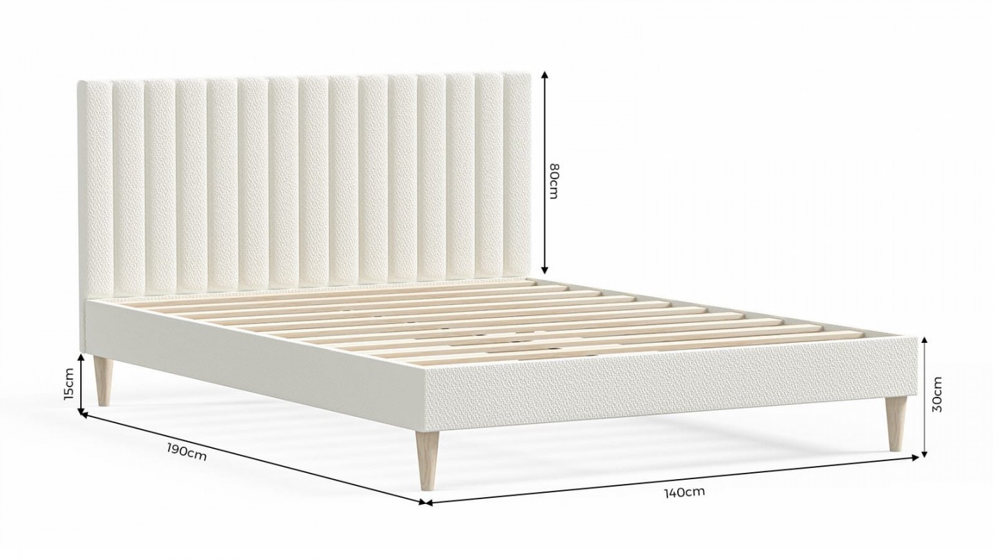 Ensemble lit adulte 140x190 cm en tissu bouclé écru avec tête de lit matelassée Eliot + Matelas ressorts ensachés Mousse HR