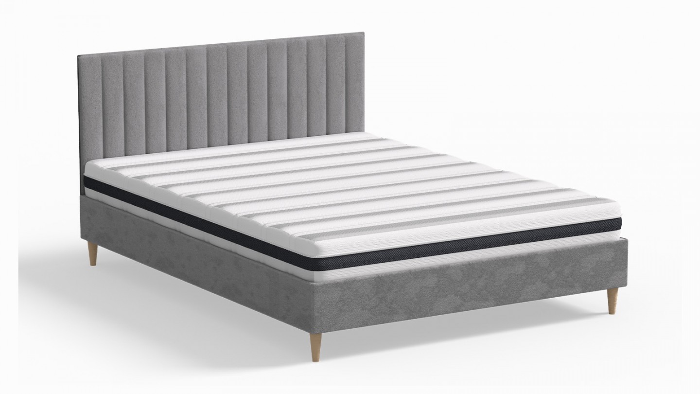 Ensemble lit adulte 140x190 cm en velours gris clair avec tête de lit matelassée Eliot + Matelas ressorts ensachés Mousse HR