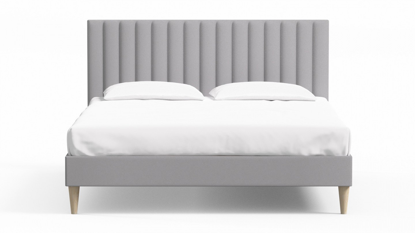 Ensemble lit adulte 140x190 cm en velours gris clair avec tête de lit matelassée Eliot + Matelas ressorts ensachés Mousse HR