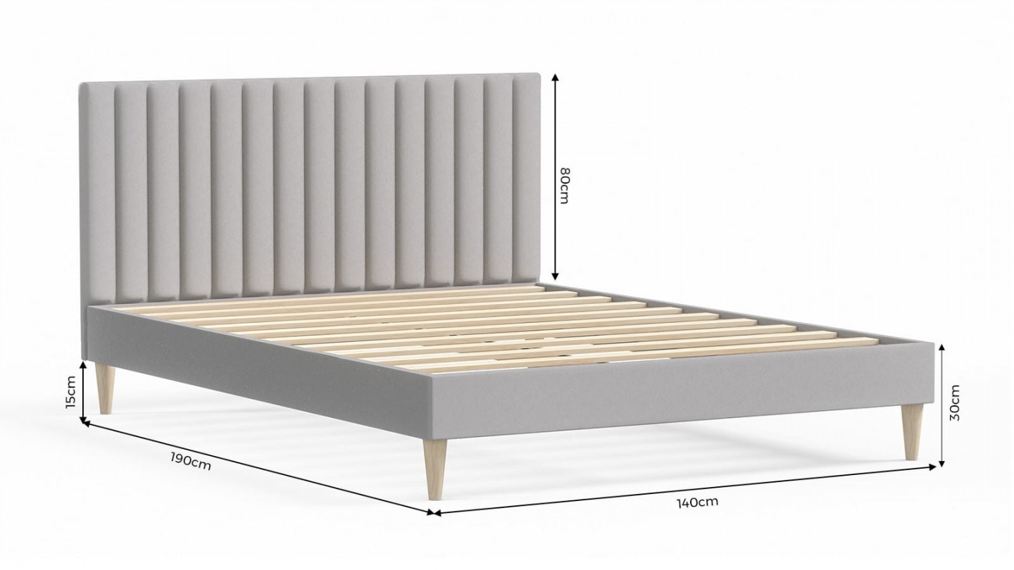 Ensemble lit adulte 140x190 cm en velours gris clair avec tête de lit matelassée Eliot + Matelas ressorts ensachés Mousse HR