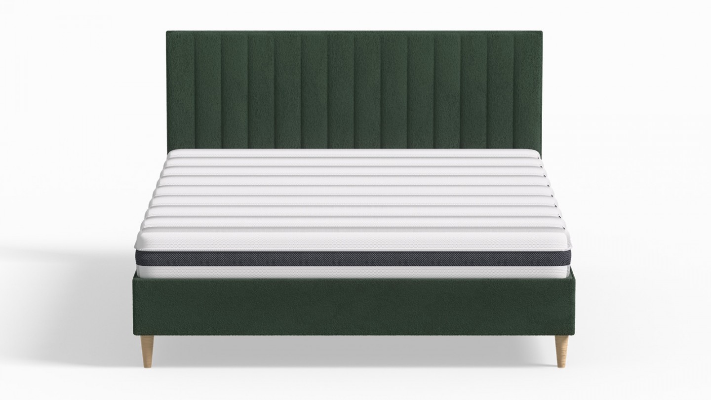 Ensemble lit adulte 140x190 cm en velours vert avec tête de lit matelassée Eliot + Matelas ressorts ensachés Mousse HR