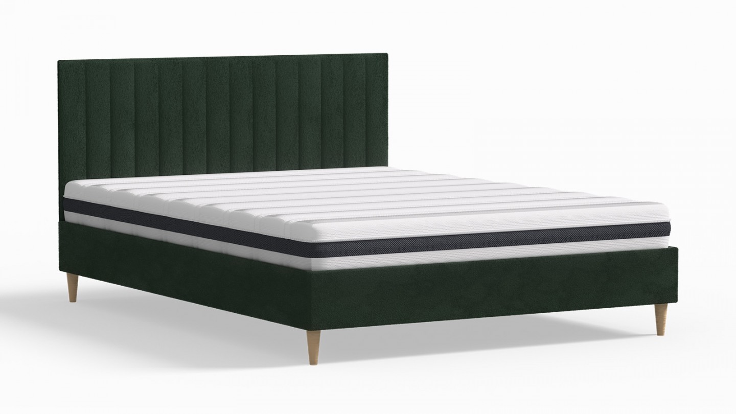 Ensemble lit adulte 140x190 cm en velours vert avec tête de lit matelassée Eliot + Matelas ressorts ensachés Mousse HR