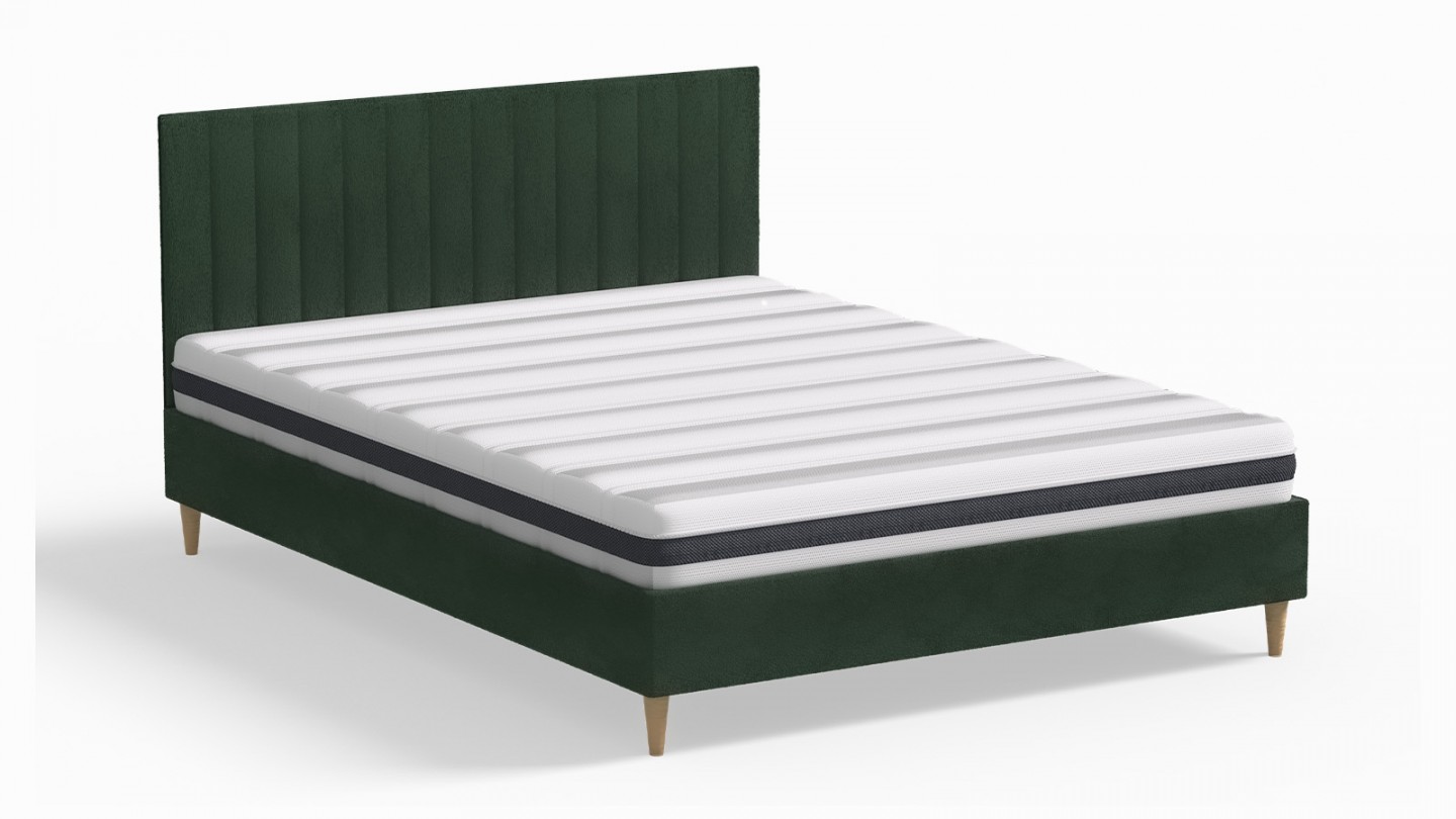 Ensemble lit adulte 140x190 cm en velours vert avec tête de lit matelassée Eliot + Matelas ressorts ensachés Mousse HR