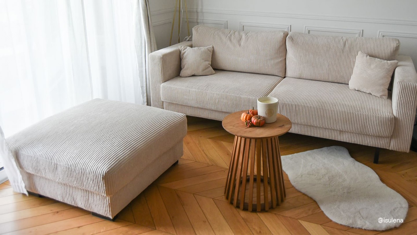 Pouf en velours côtelé beige - Robin