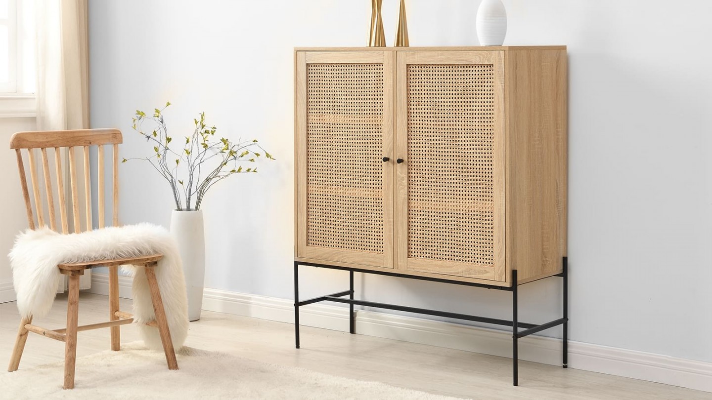 Buffet haut 2 portes en cannage naturel et effet chêne 100 cm - Iris