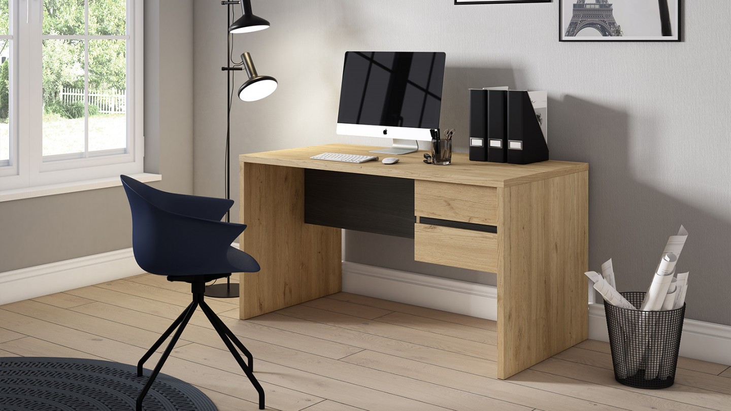 Bureau 2 tiroirs effet bois et noir 136 cm - Jess